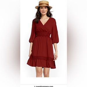 V-NECK SMOCK-WAIST DRESS  By  NY&C Burgundy . Size L . New With Tags, Beautiful